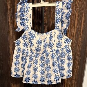 SHEIN White and Blue Floral Embroidered Blouse